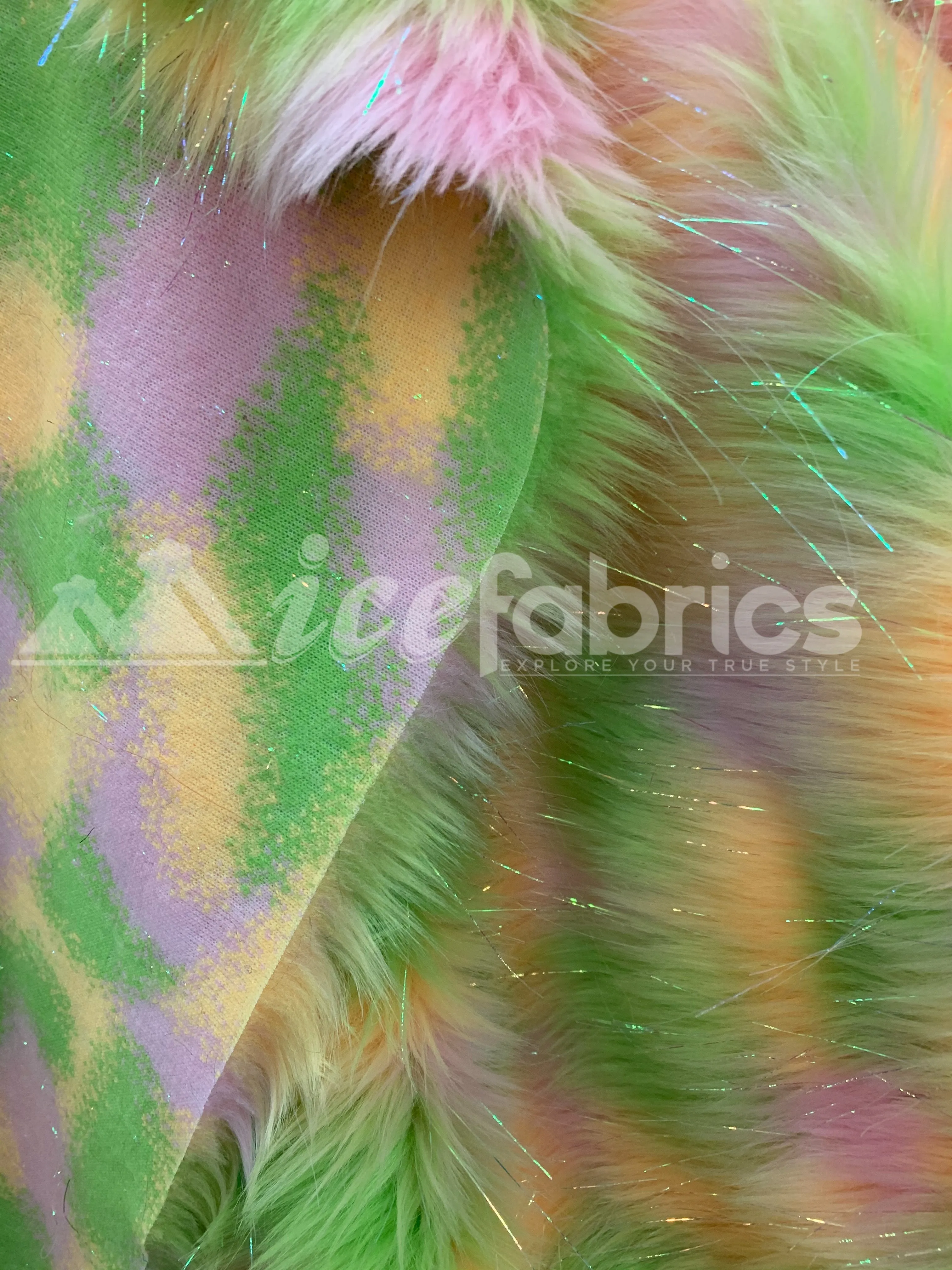 3 Tone Rainbow Tinsel 3.5" long Pile Green, Gold, and White Faux Fur Fabric By The Yard