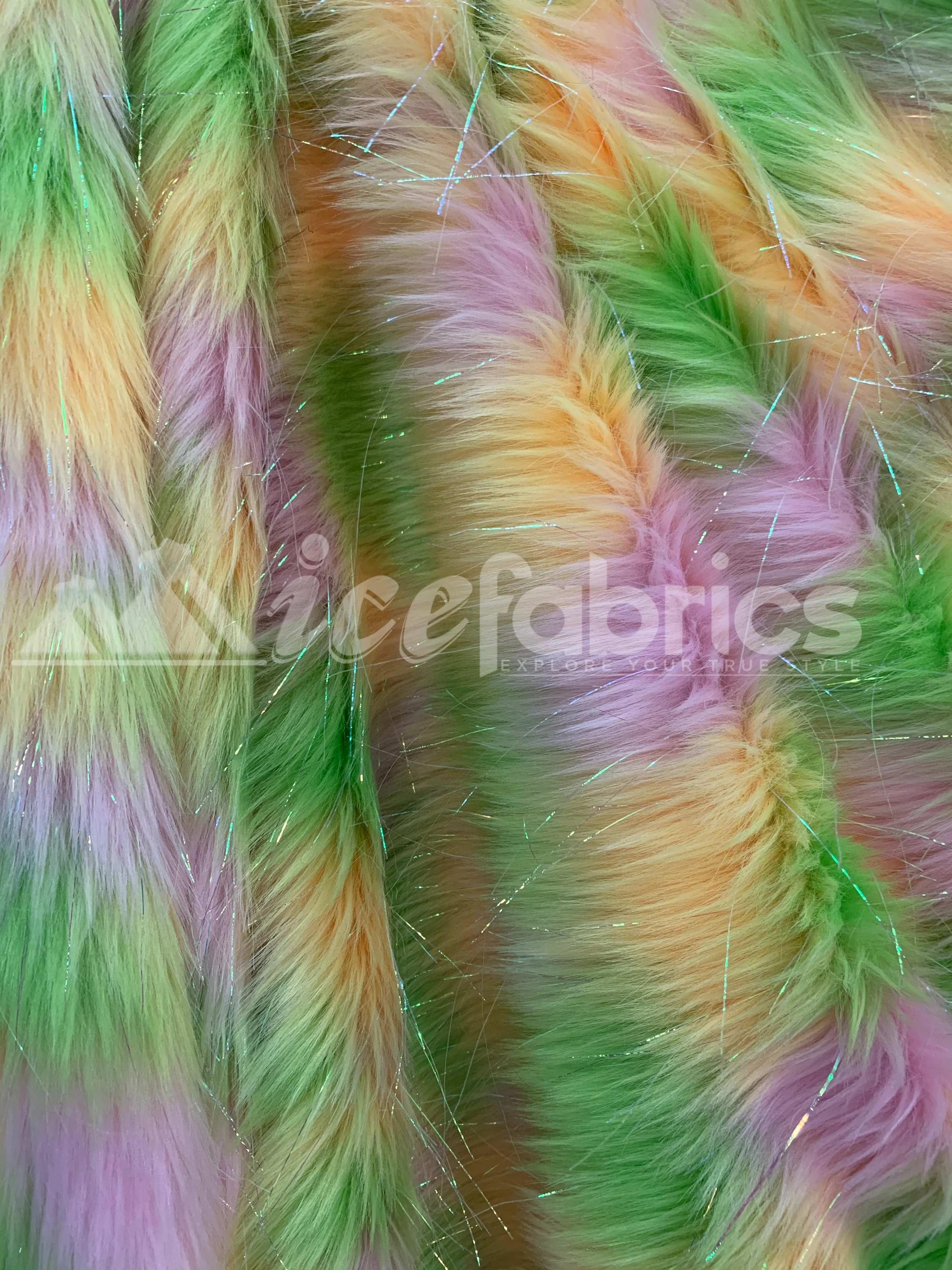 3 Tone Rainbow Tinsel 3.5" long Pile Green, Gold, and White Faux Fur Fabric By The Yard