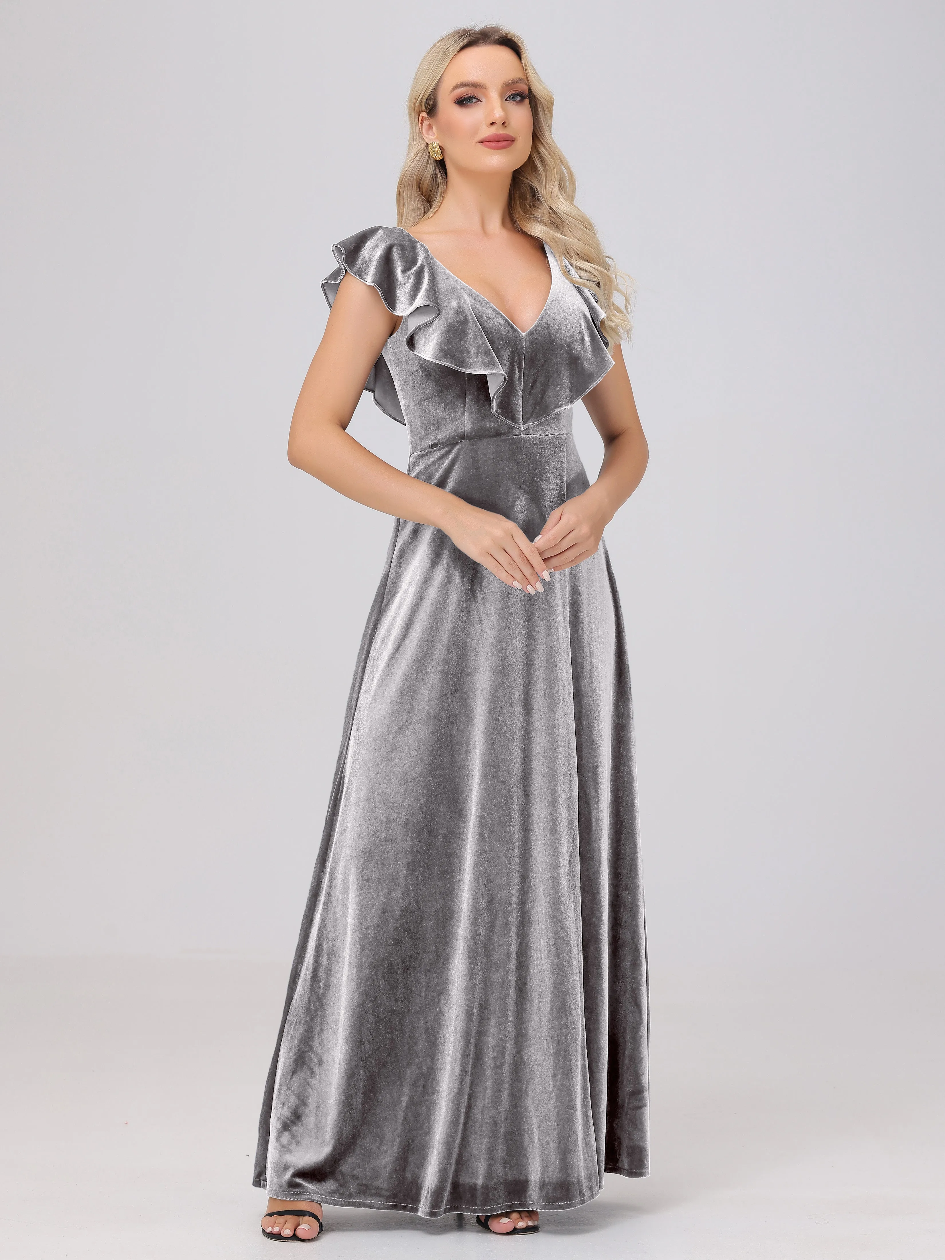 A-Line Ruffles Sleeves V-Neck Long Velvet Bridesmaid Dresses With Split