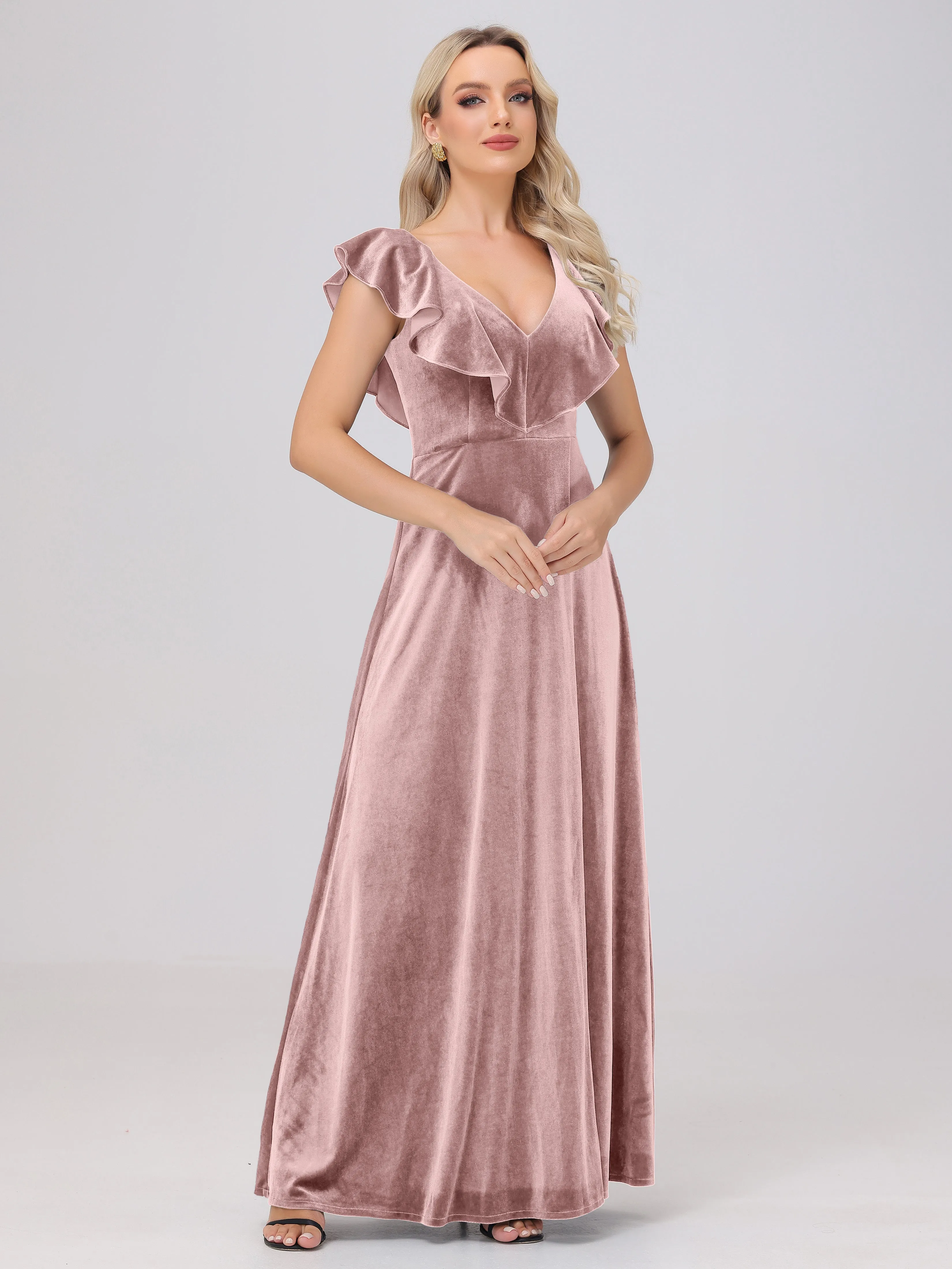 A-Line Ruffles Sleeves V-Neck Long Velvet Bridesmaid Dresses With Split