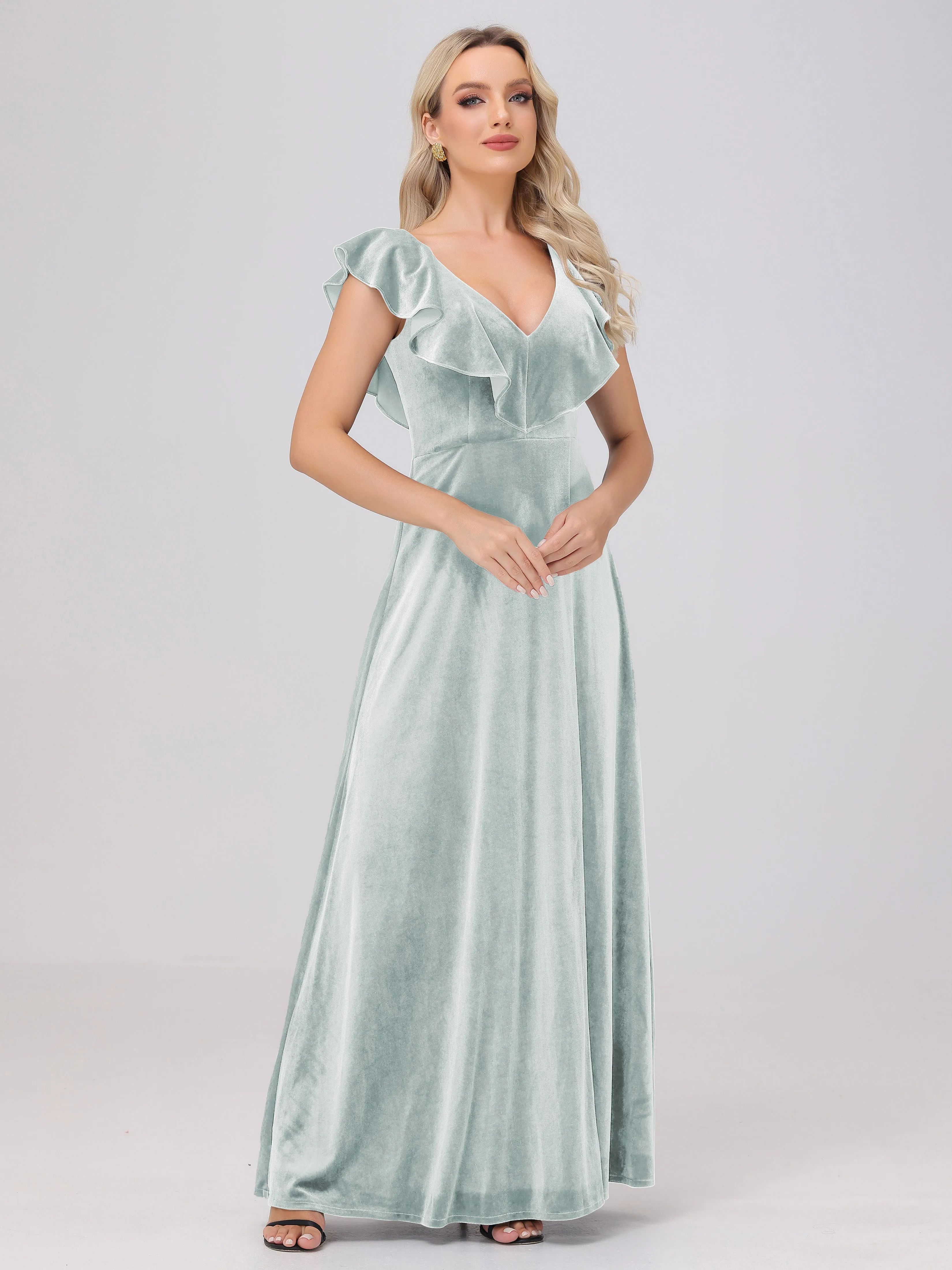 A-Line Ruffles Sleeves V-Neck Long Velvet Bridesmaid Dresses With Split