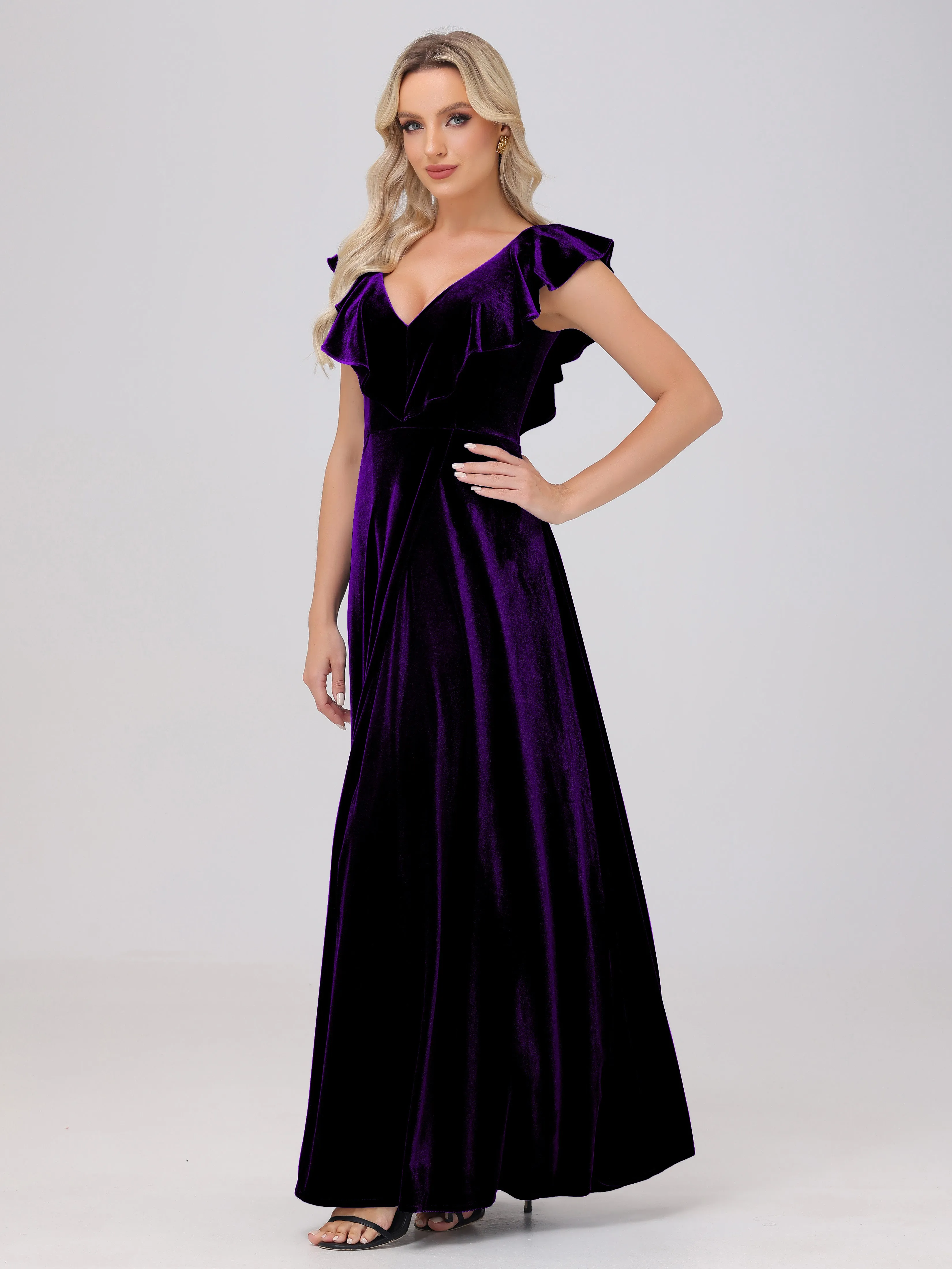 A-Line Ruffles Sleeves V-Neck Long Velvet Bridesmaid Dresses With Split