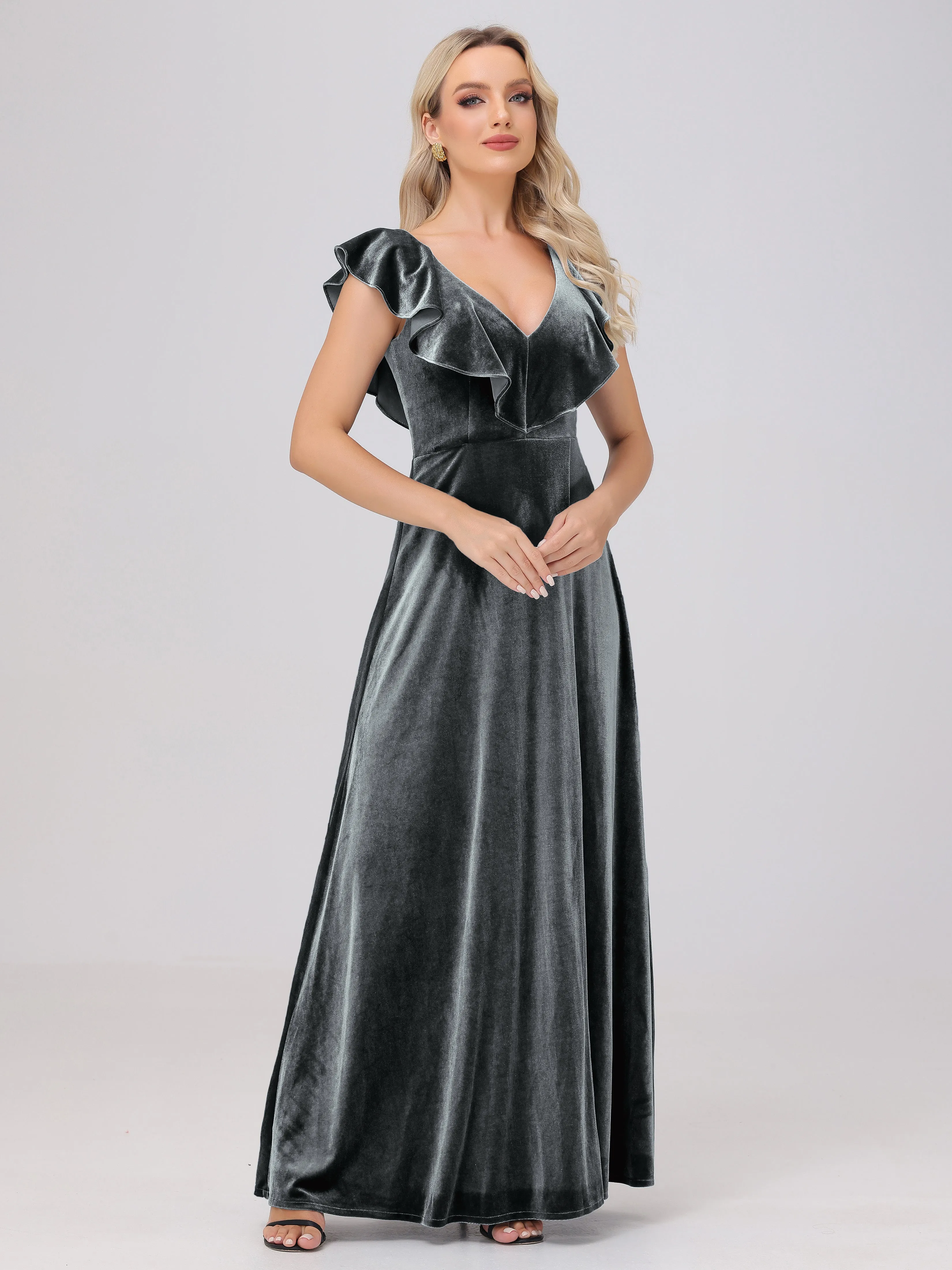 A-Line Ruffles Sleeves V-Neck Long Velvet Bridesmaid Dresses With Split