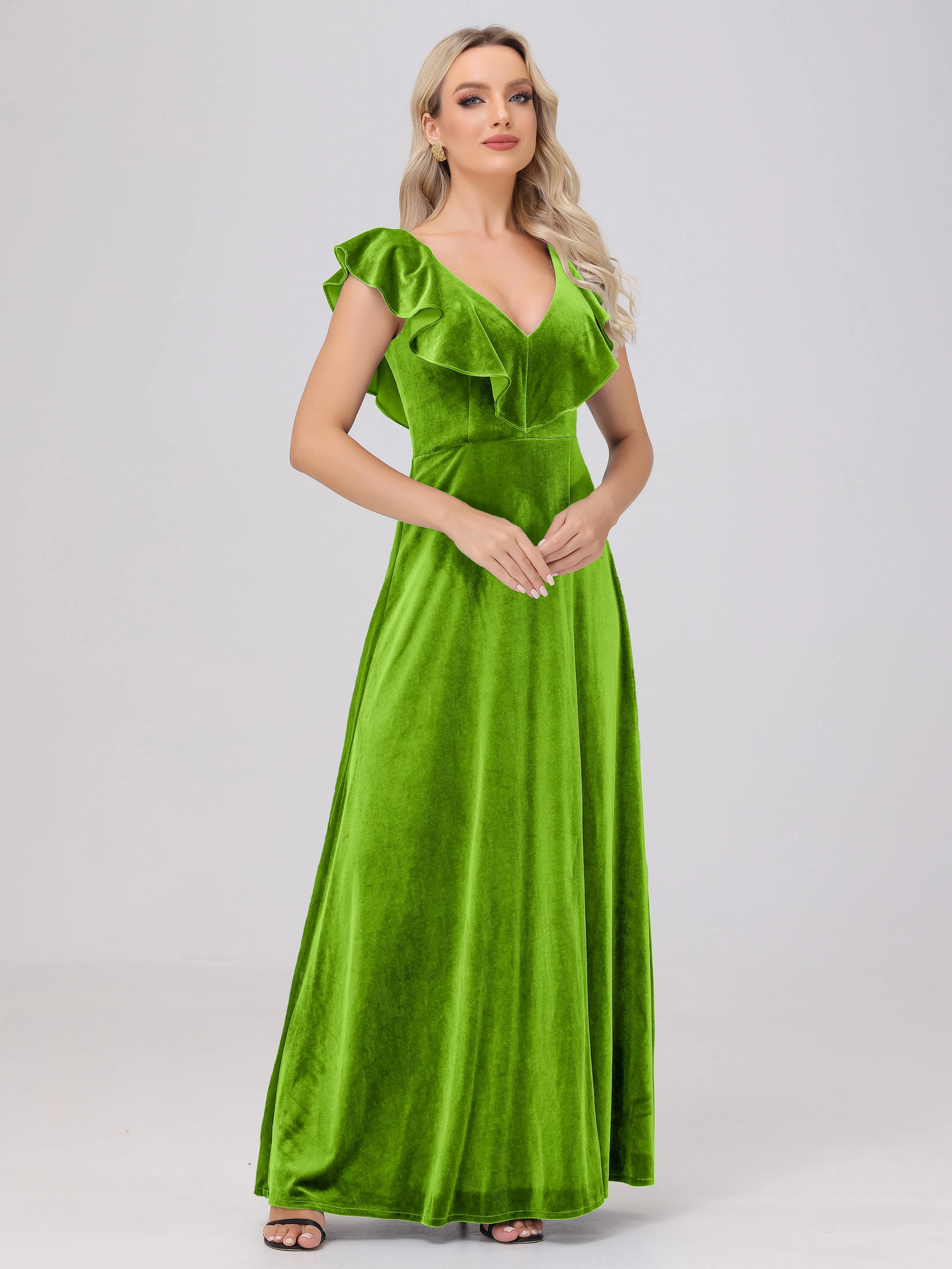 A-Line Ruffles Sleeves V-Neck Long Velvet Bridesmaid Dresses With Split