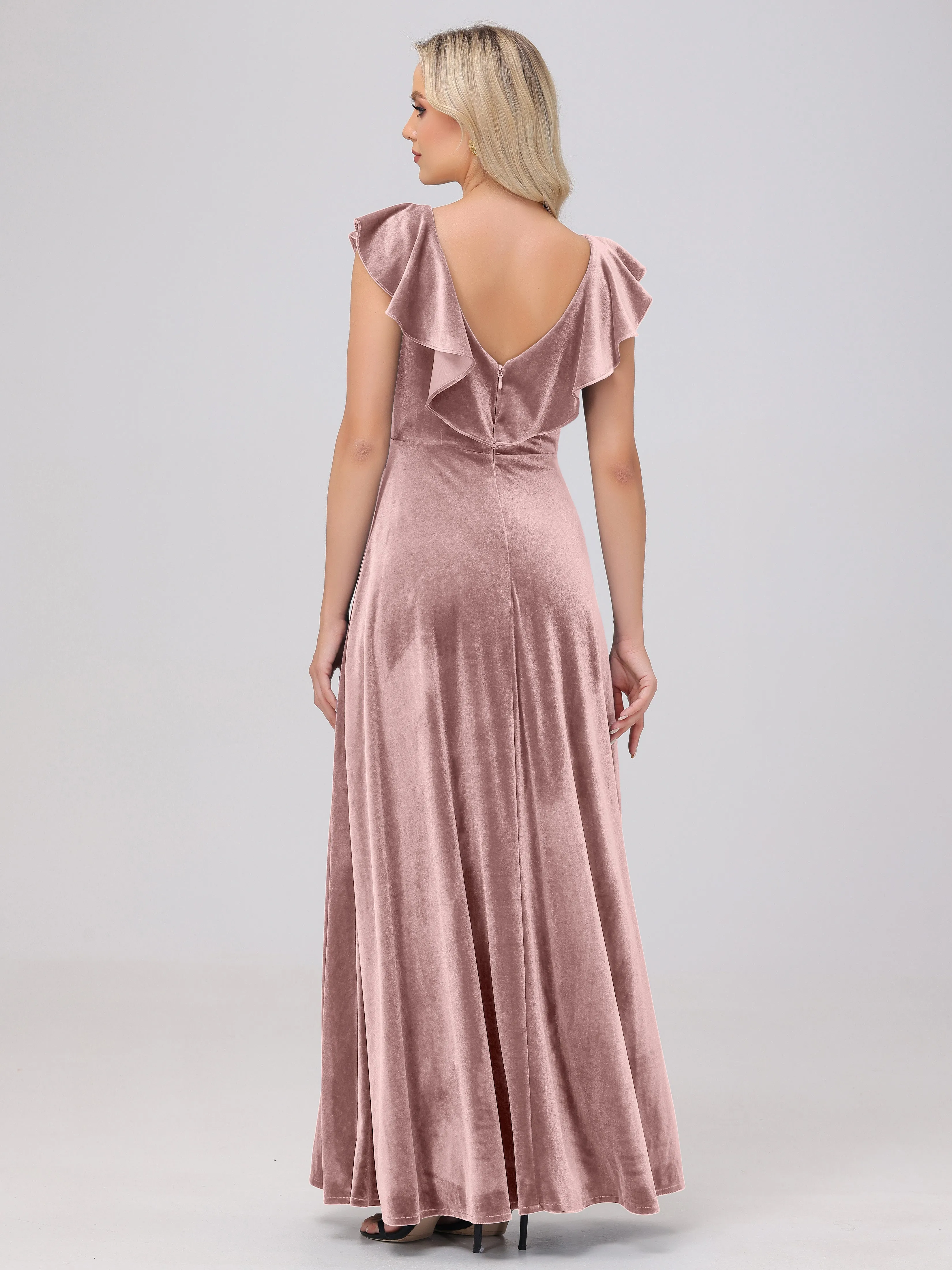 A-Line Ruffles Sleeves V-Neck Long Velvet Bridesmaid Dresses With Split