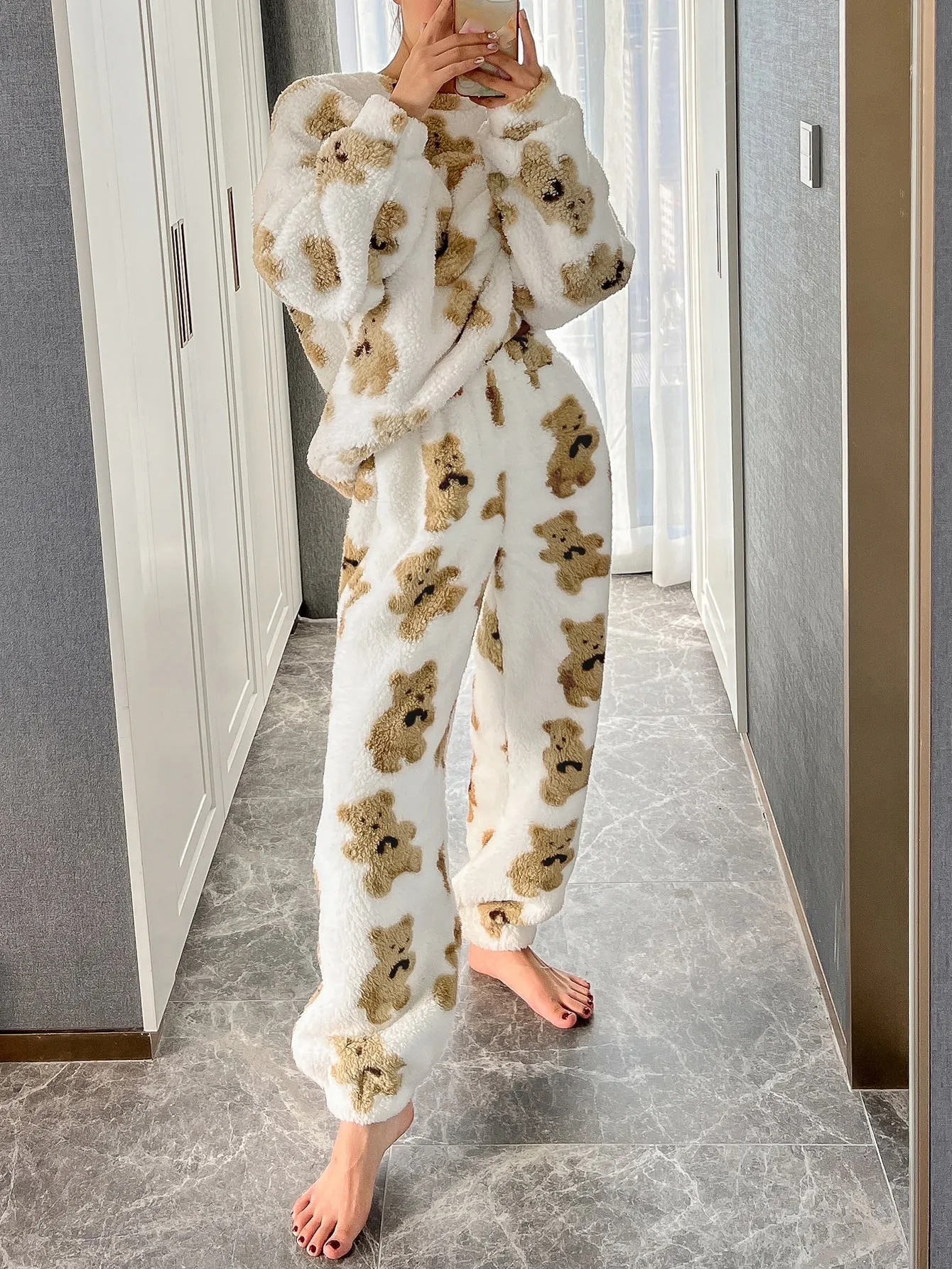 Bear Print Flannel Pajama Set