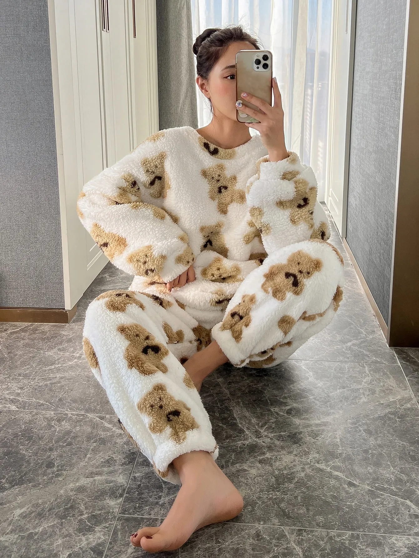 Bear Print Flannel Pajama Set