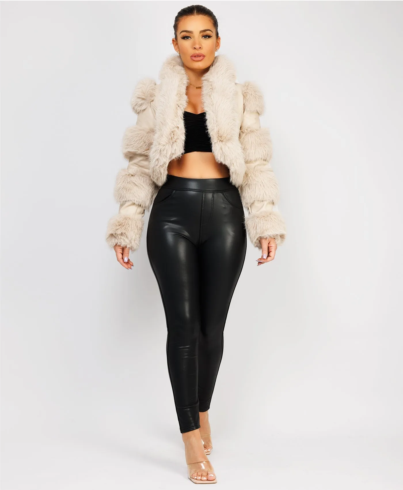 Beige Cropped Faux Fur Vegan Leather Coat Jacket