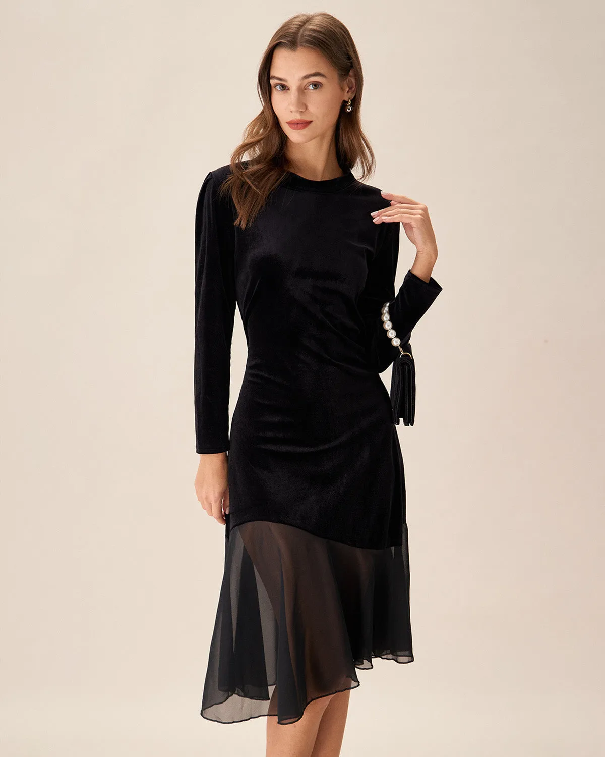 Black Contrasting Velvet Midi Dress