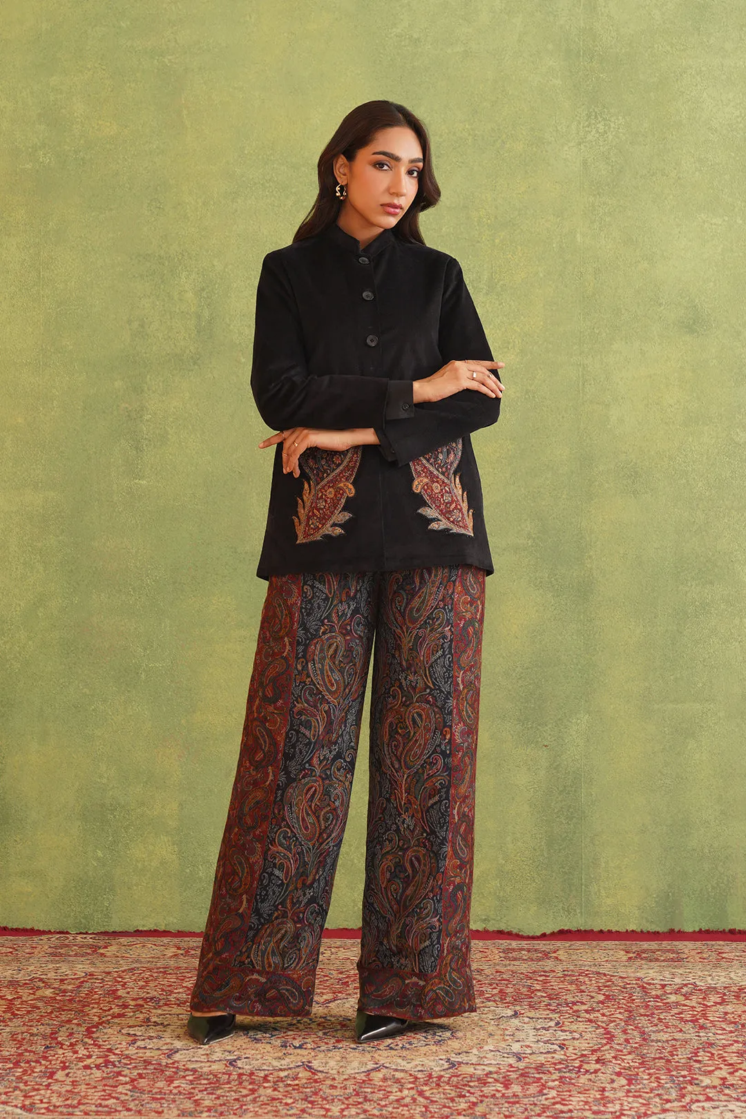 Black Corduroy Patchwork Top with Paisley Woven Pant