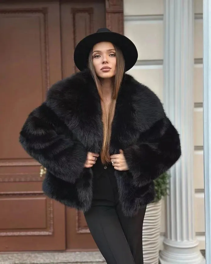 Black Large Lapel Faux Fur Jacket Puffy Pine Fox Fur Skirt