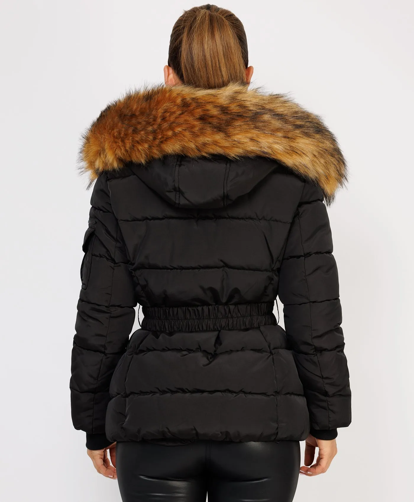 Black Padded Waist Belted Faux Fur Hooded Jacket