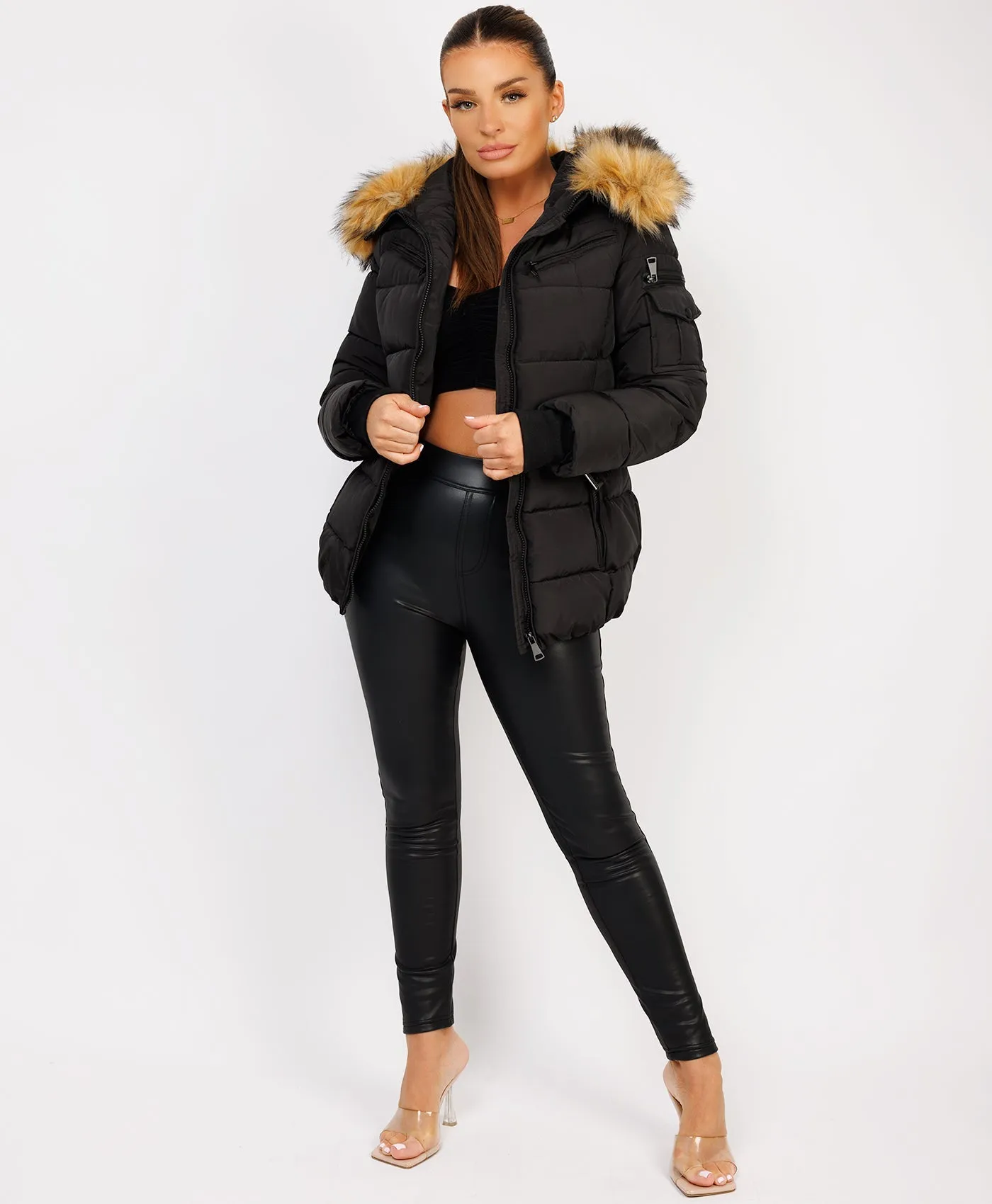 Black Padded Waist Belted Faux Fur Hooded Jacket