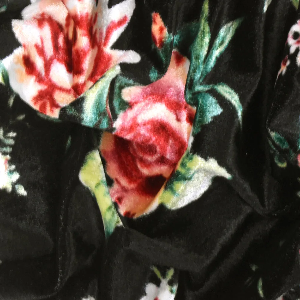 Black-Peach-Multi Floral Printed Velvet Knit Fabric