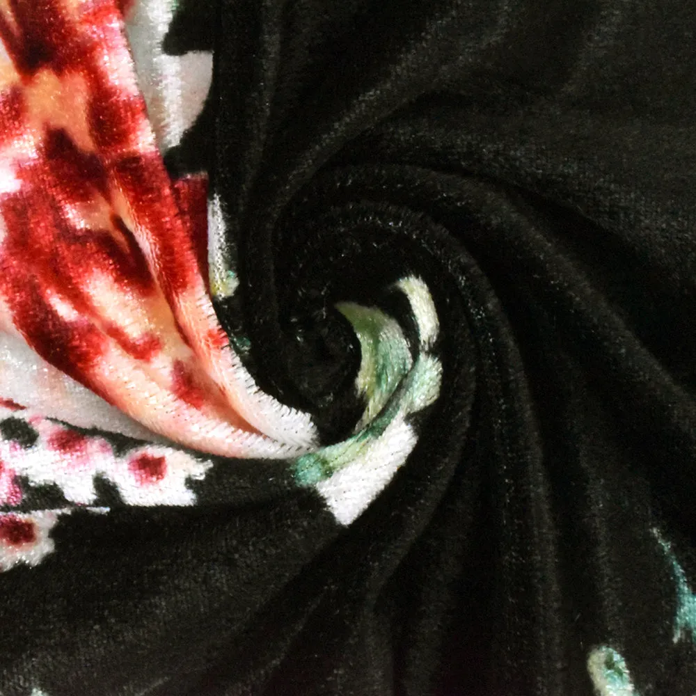 Black-Peach-Multi Floral Printed Velvet Knit Fabric