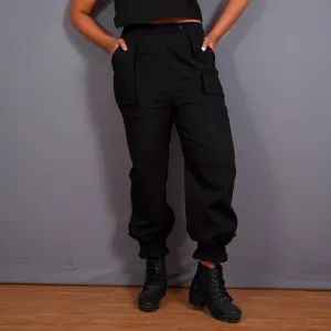 Black Warm Cotton Flannel High-Rise Convertible Jogger Cargo Pant