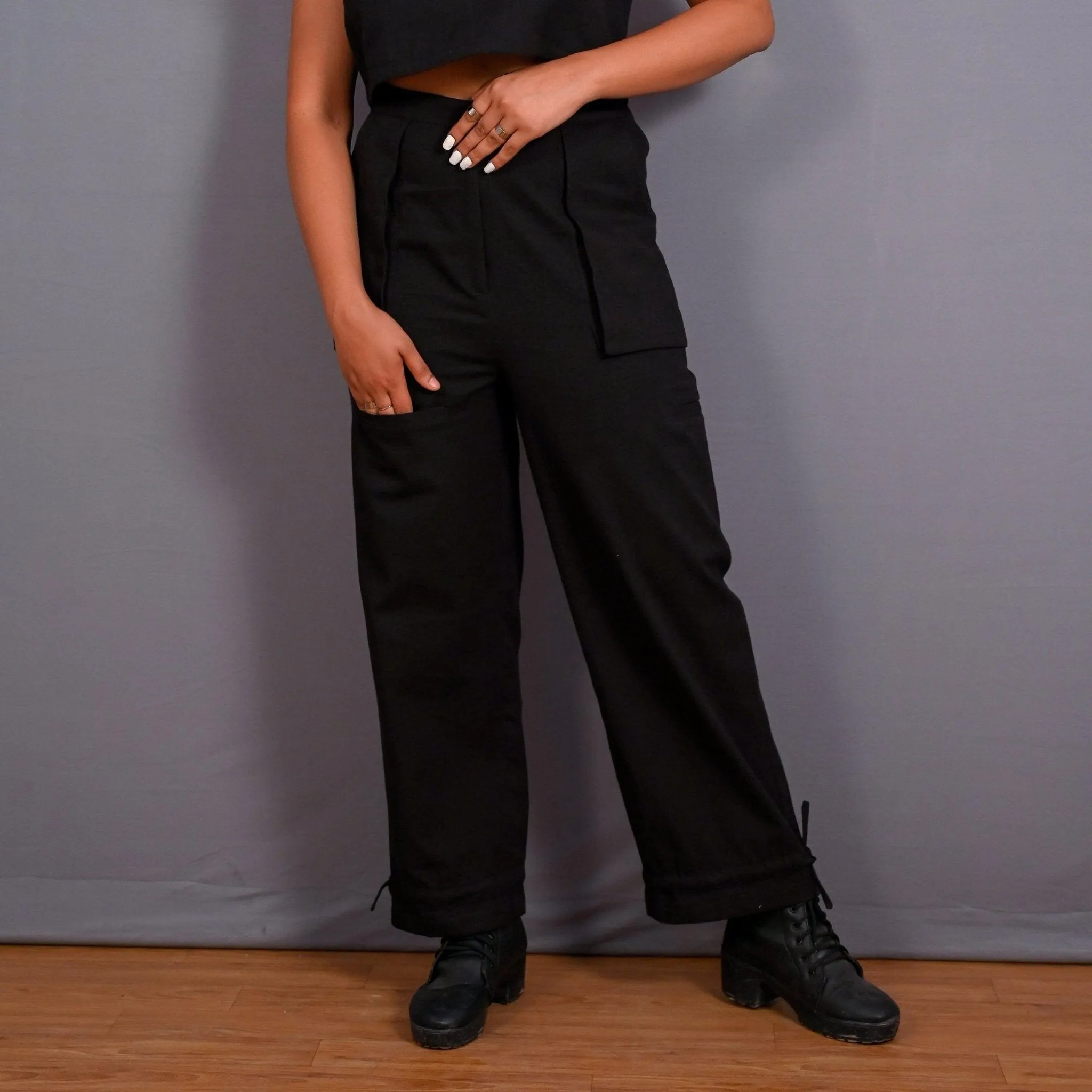 Black Warm Cotton Flannel High-Rise Convertible Jogger Cargo Pant