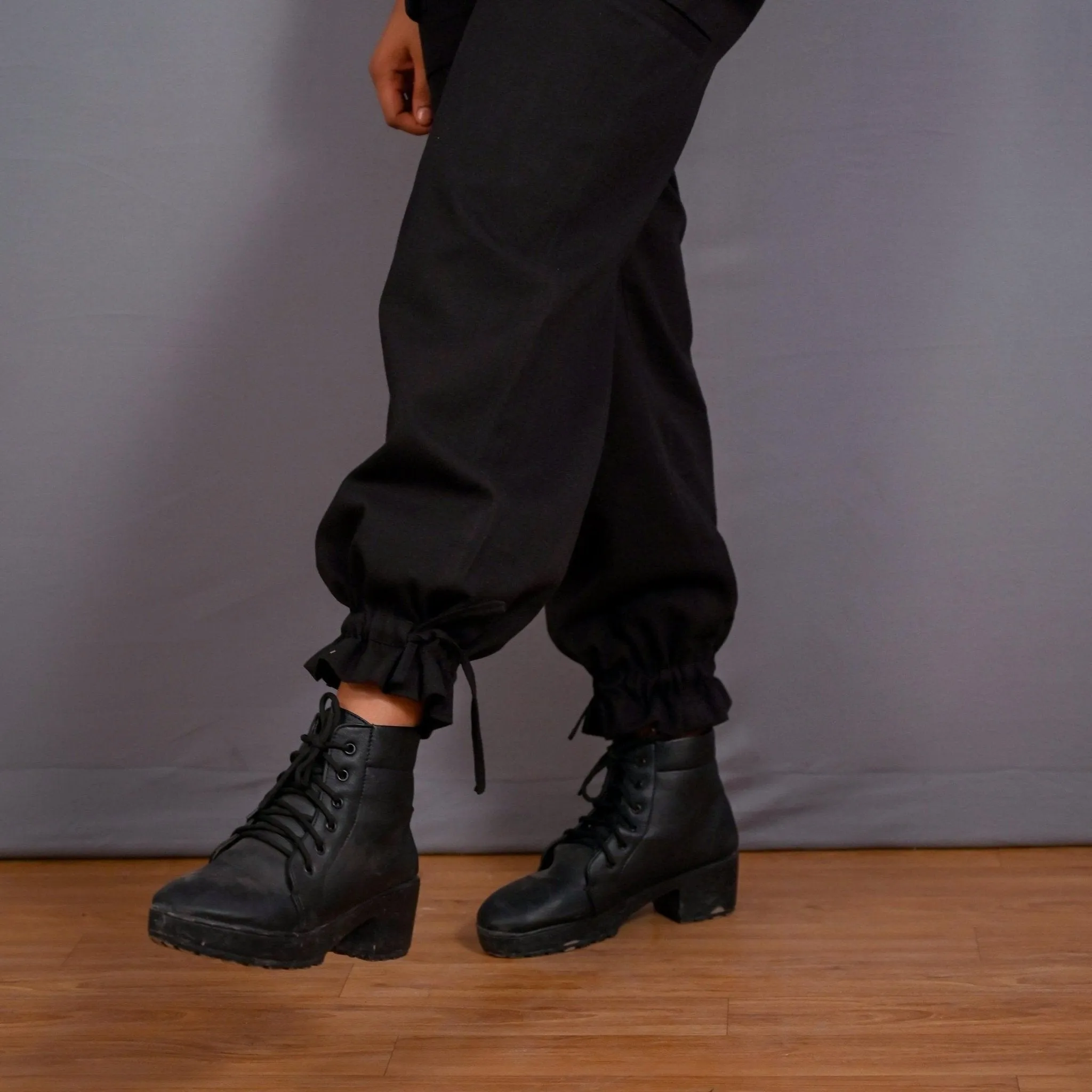 Black Warm Cotton Flannel High-Rise Convertible Jogger Cargo Pant