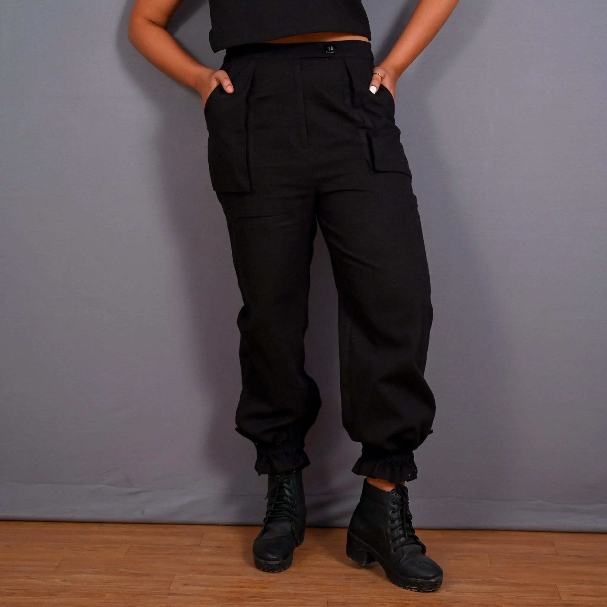 Black Warm Cotton Flannel High-Rise Convertible Jogger Cargo Pant