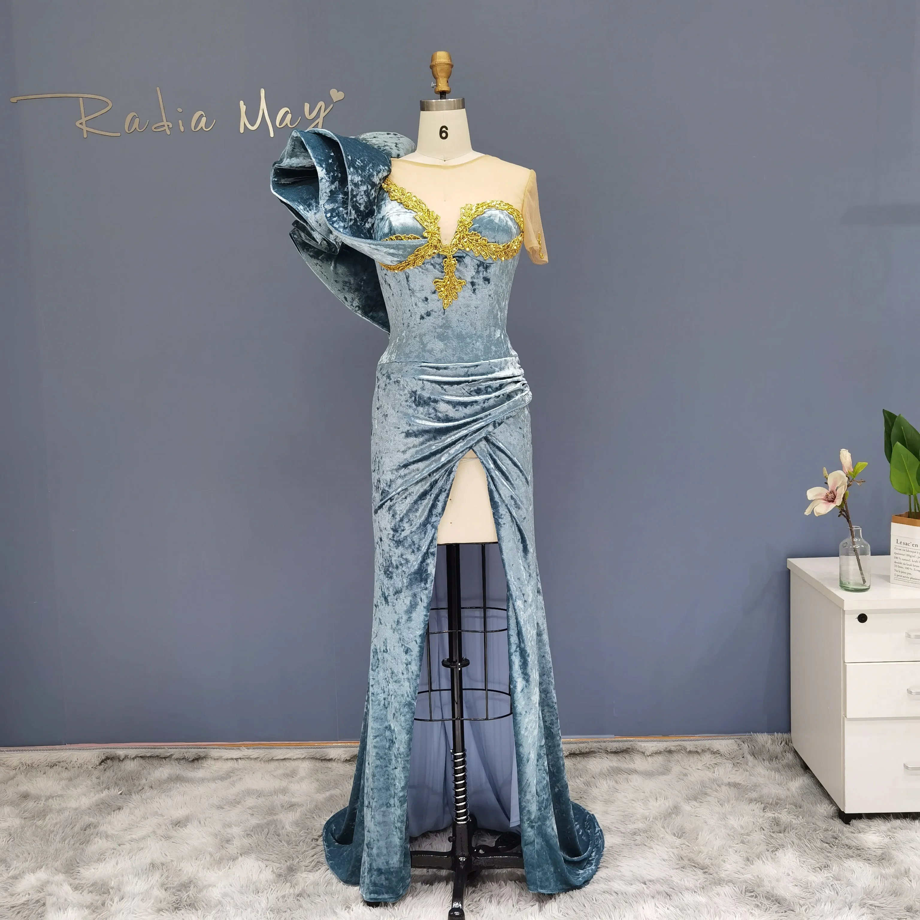 Blue High Slit Velvet Mermaid Cocktail Party Dress RM030