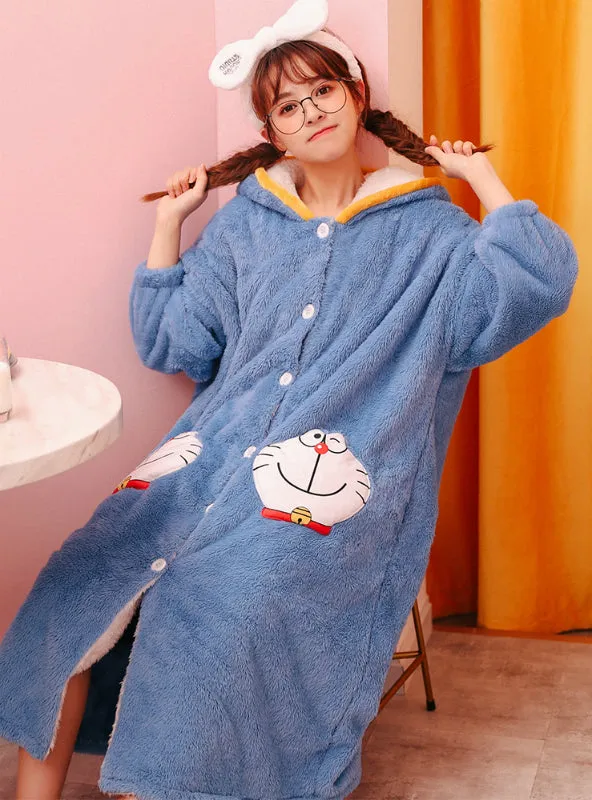 Blue Jingle Cats Coral Velvet Robe Cute Cartoon