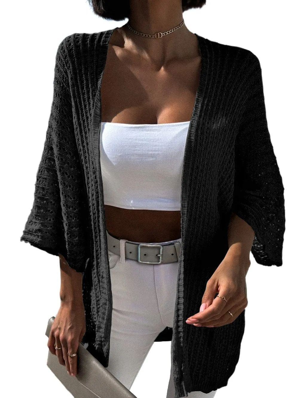 Bohemian Style Black Knit Kimono Cardigan with Hollow-out Design