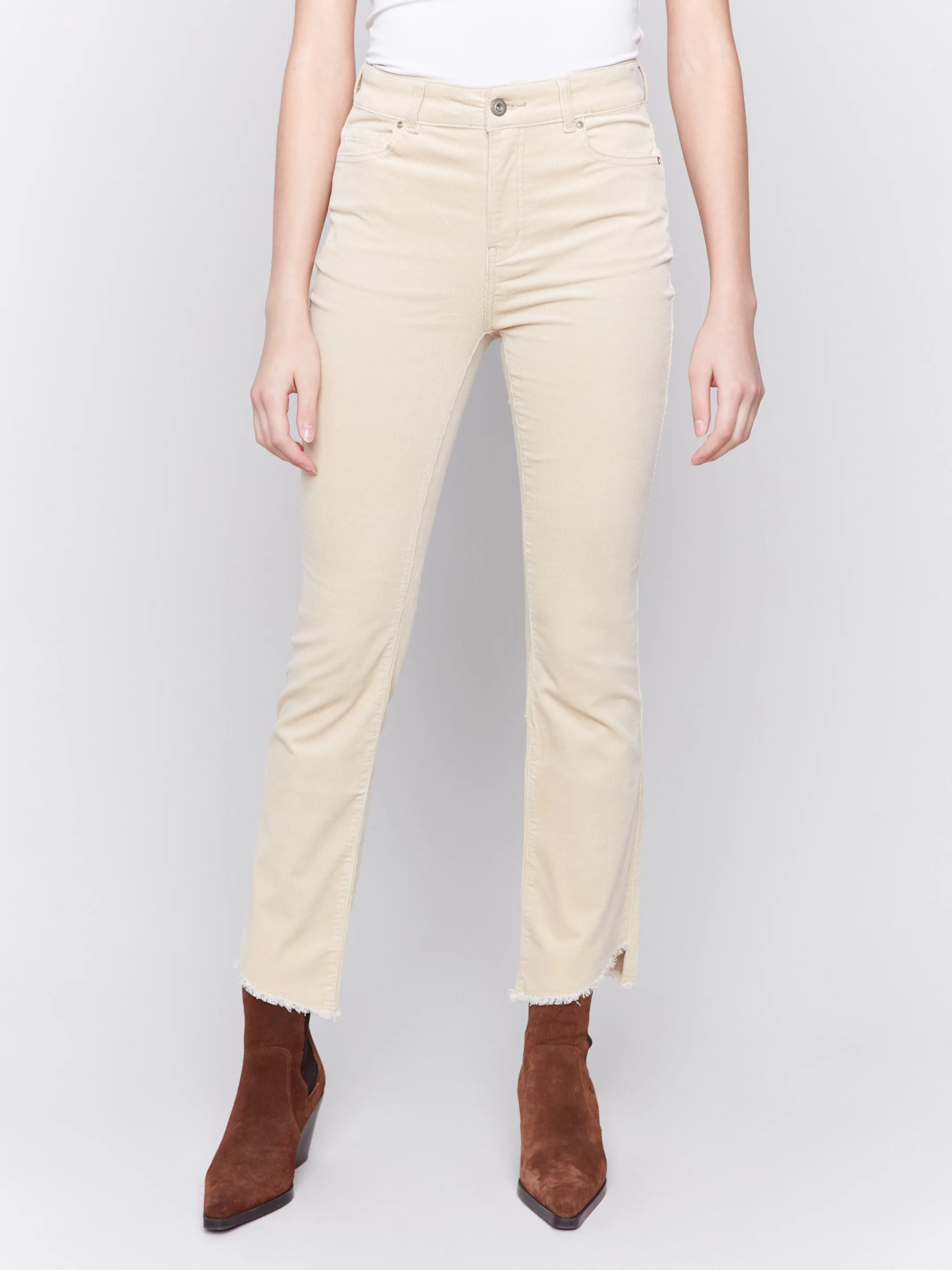 Bootcut Corduroy Pants with Asymmetrical Hem - Natural