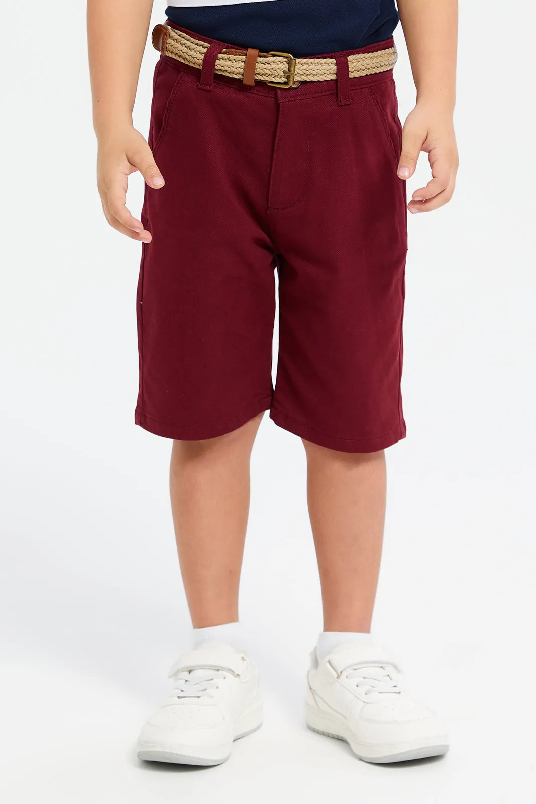 Boys Burgundy Belted Shorts