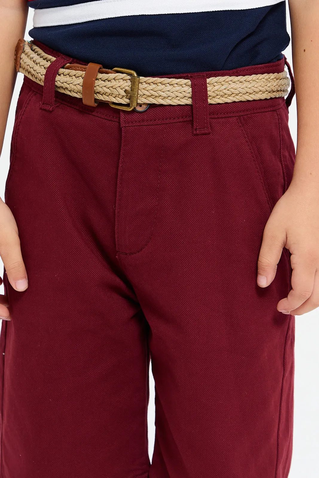 Boys Burgundy Belted Shorts