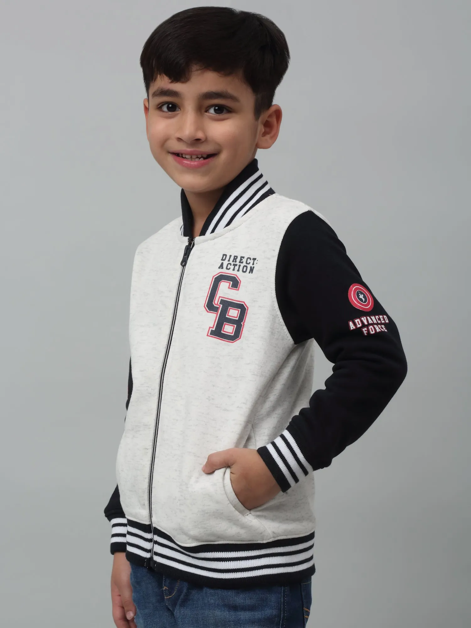 Boys Casual Ecru Melange Full Sleeve Cardigan Sweatshirt