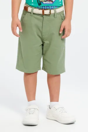 Boys Green Belted Shorts