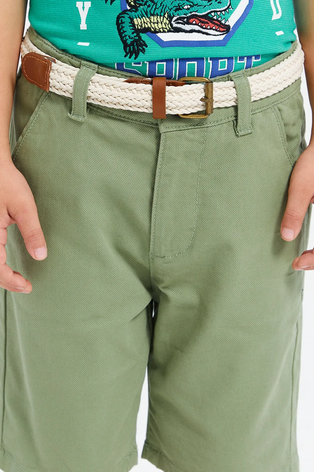 Boys Green Belted Shorts