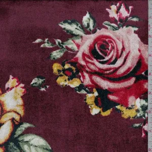 Burgundy Red/Multi Floral Print Stretch Velvet Knit Fabric