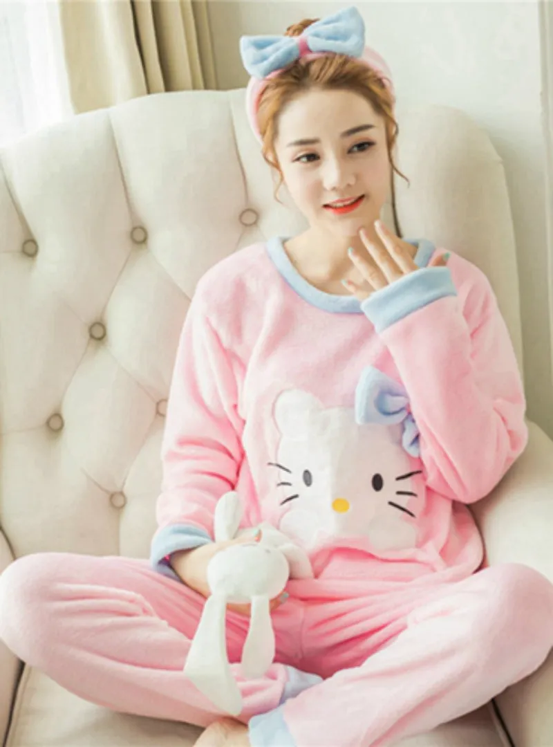 Cat Headband Pyjamas Sets Thick Warm Coral Velvet Suit