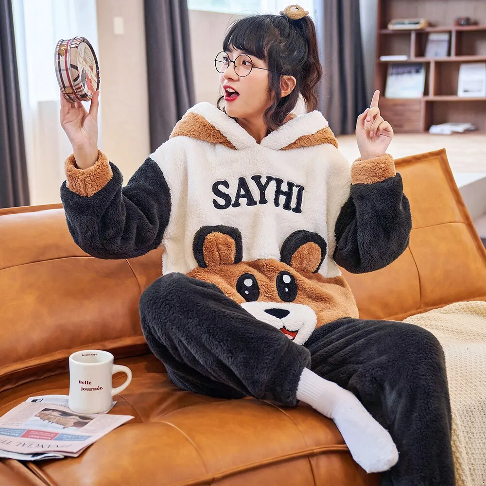 Cozy Flannel Pajama Set for Women with Plush Kigurumi Anime Hood