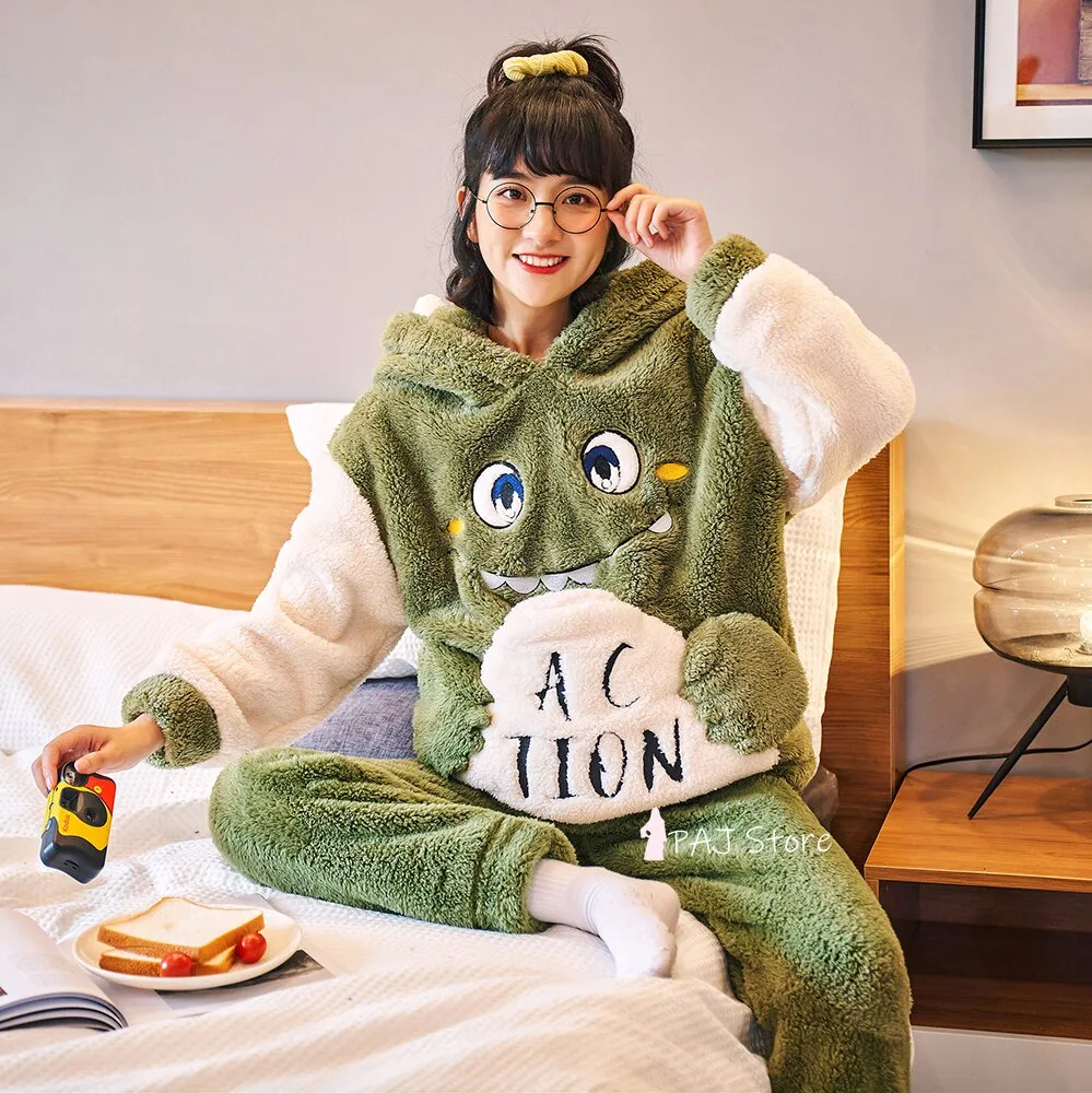 Cozy Flannel Pajama Set for Women with Plush Kigurumi Anime Hood