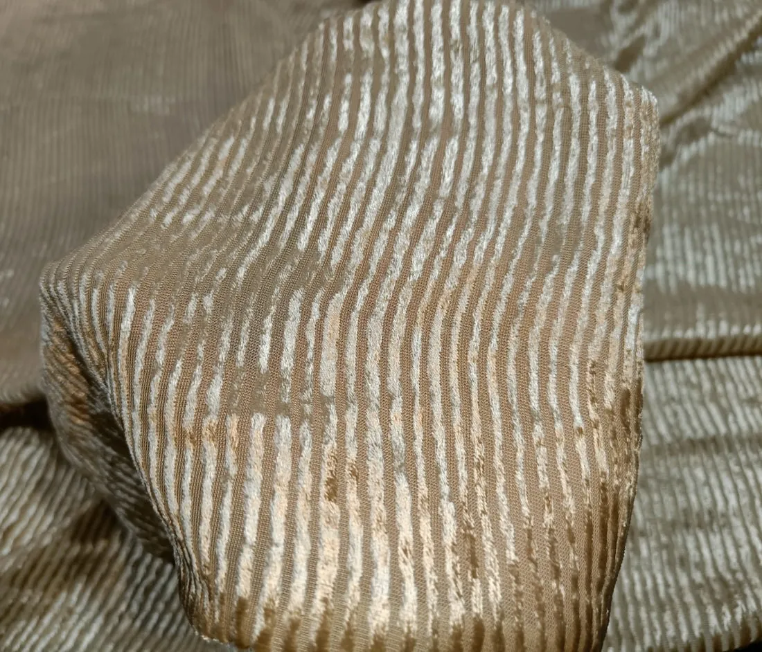 Devore Embossed Viscose Burnout Velvet fabric golden beige self stripes 44" wide [10666]