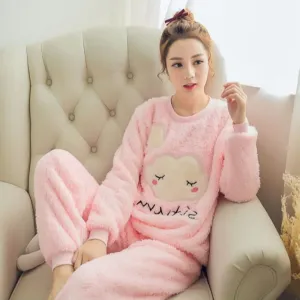 Flannel Cotton Blended Women Pajamas Warm Sleepwear