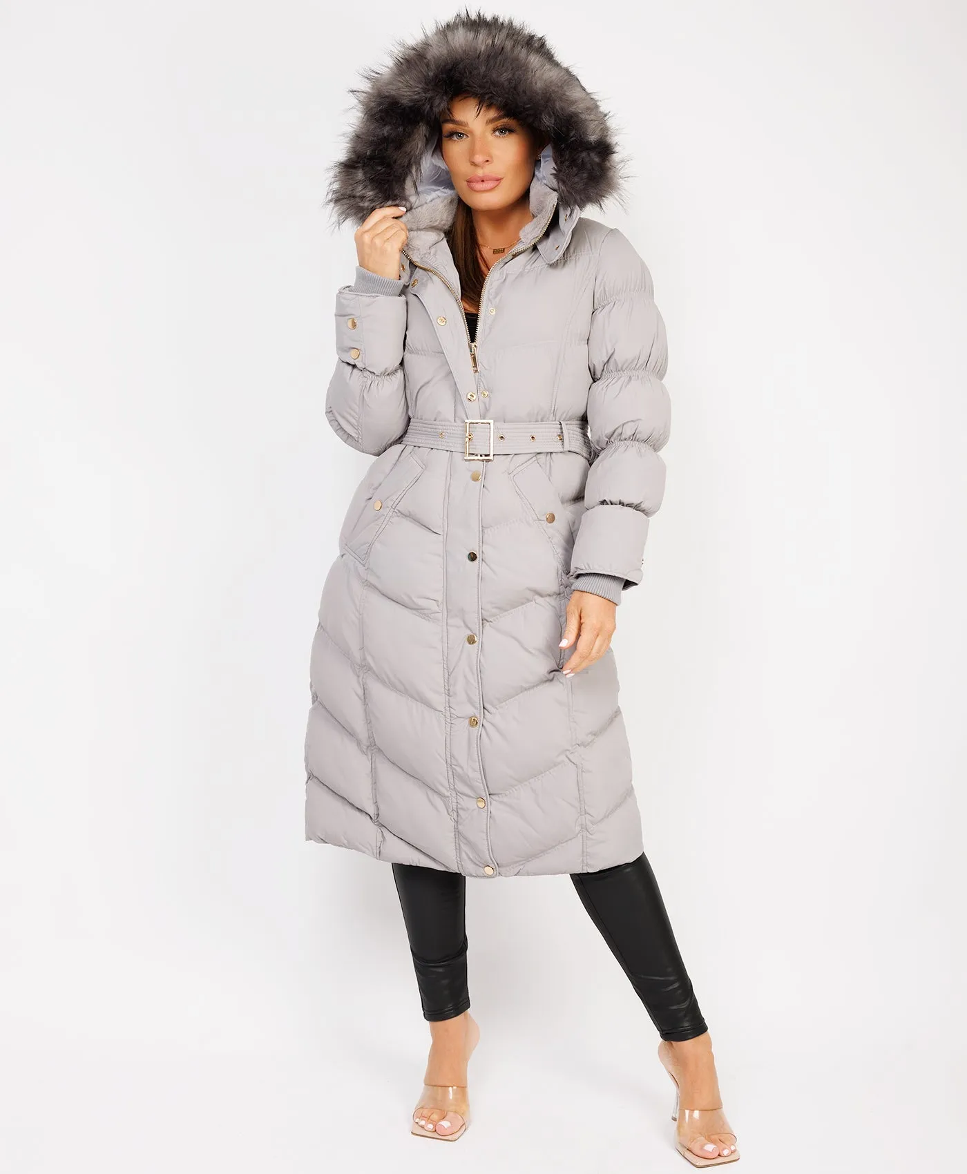 Grey Longline Padded Puffer Faux Fur Hood Bubble Jacket