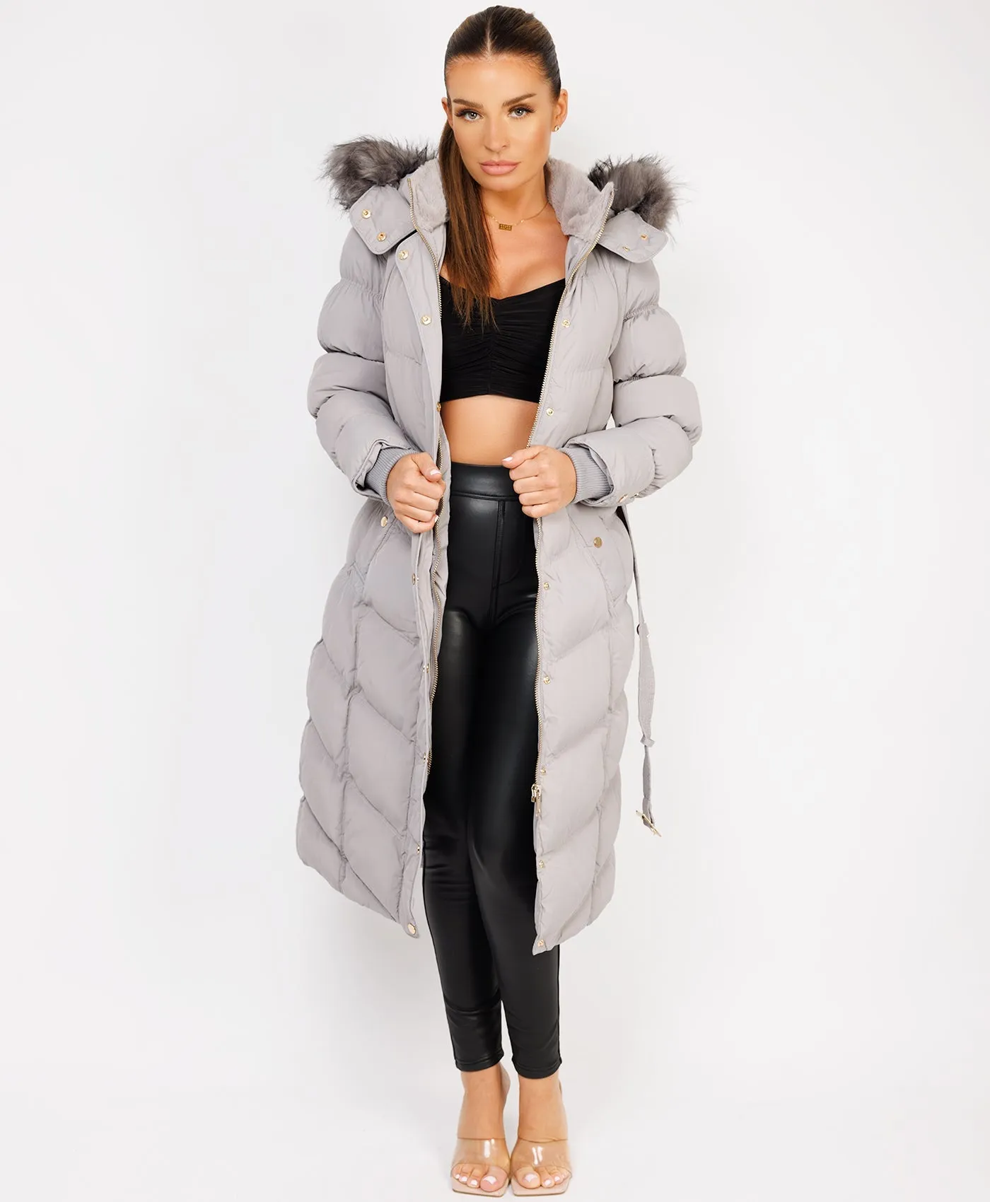 Grey Longline Padded Puffer Faux Fur Hood Bubble Jacket