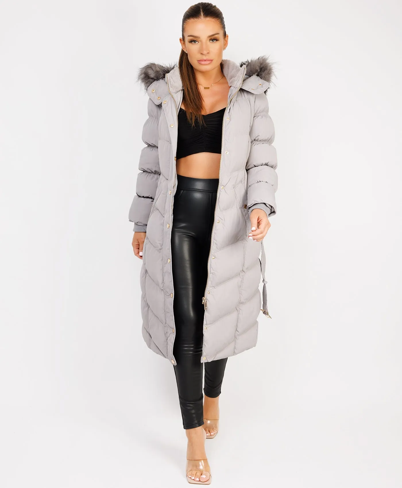 Grey Longline Padded Puffer Faux Fur Hood Bubble Jacket