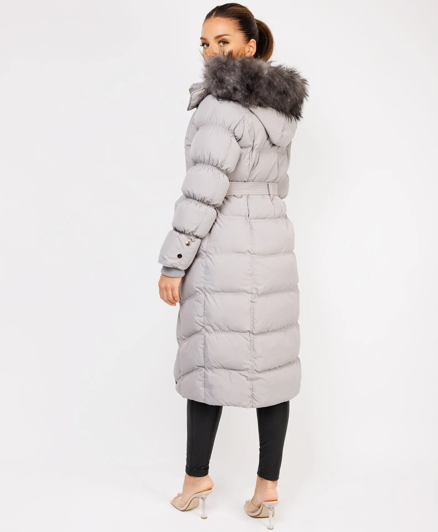 Grey Longline Padded Puffer Faux Fur Hood Bubble Jacket