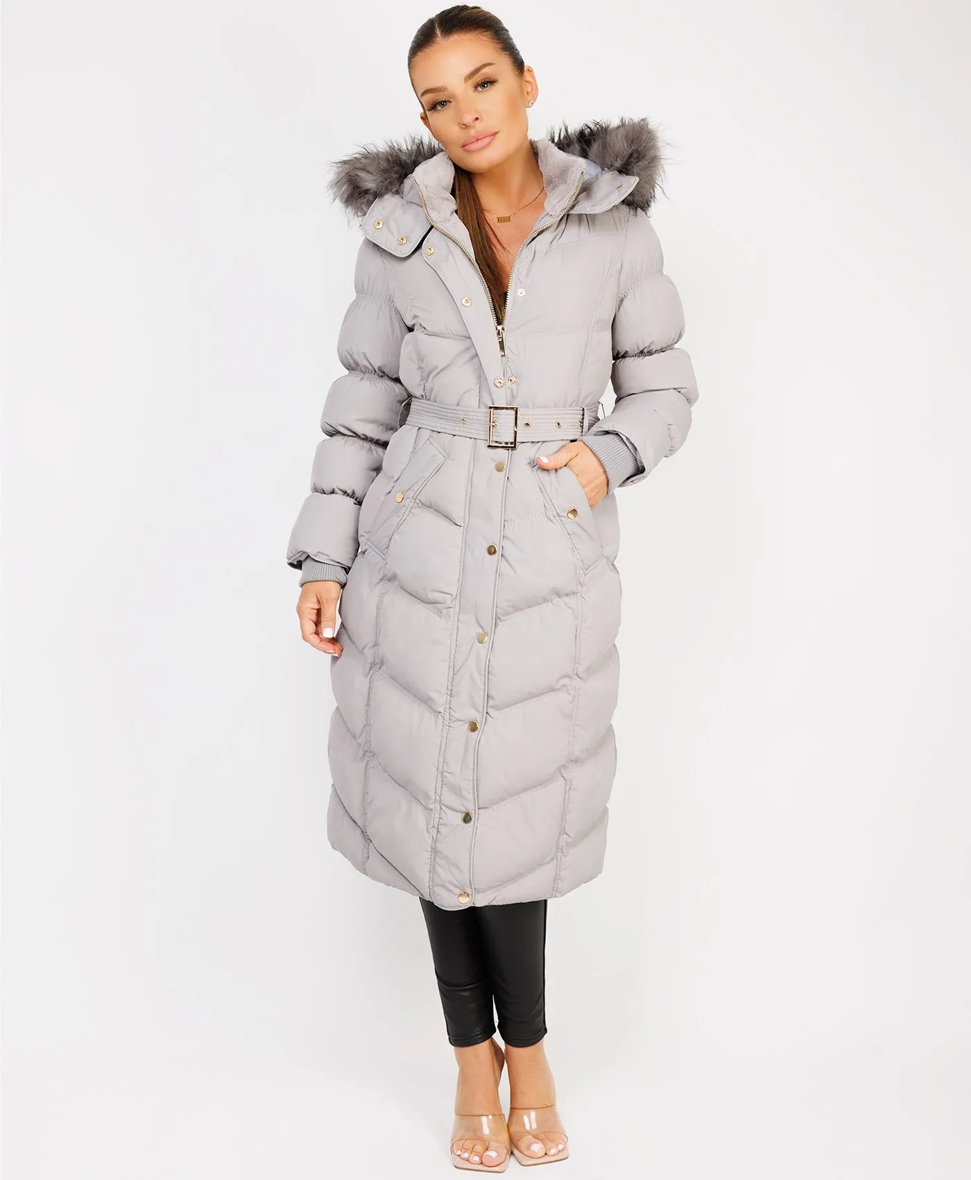 Grey Longline Padded Puffer Faux Fur Hood Bubble Jacket