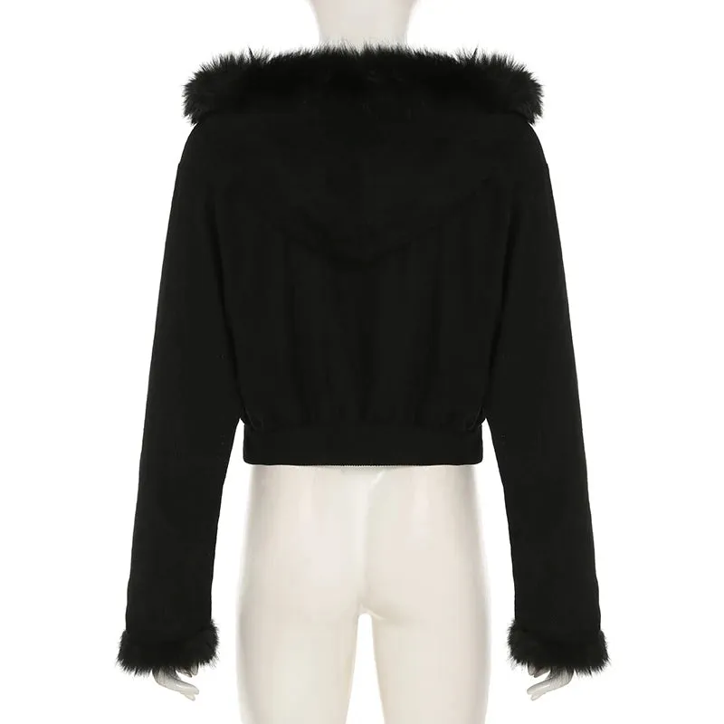 Grunge Goth Black Faux Fur Trim Jacket