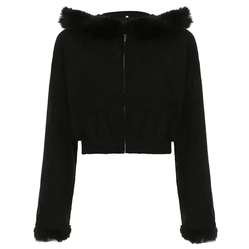 Grunge Goth Black Faux Fur Trim Jacket