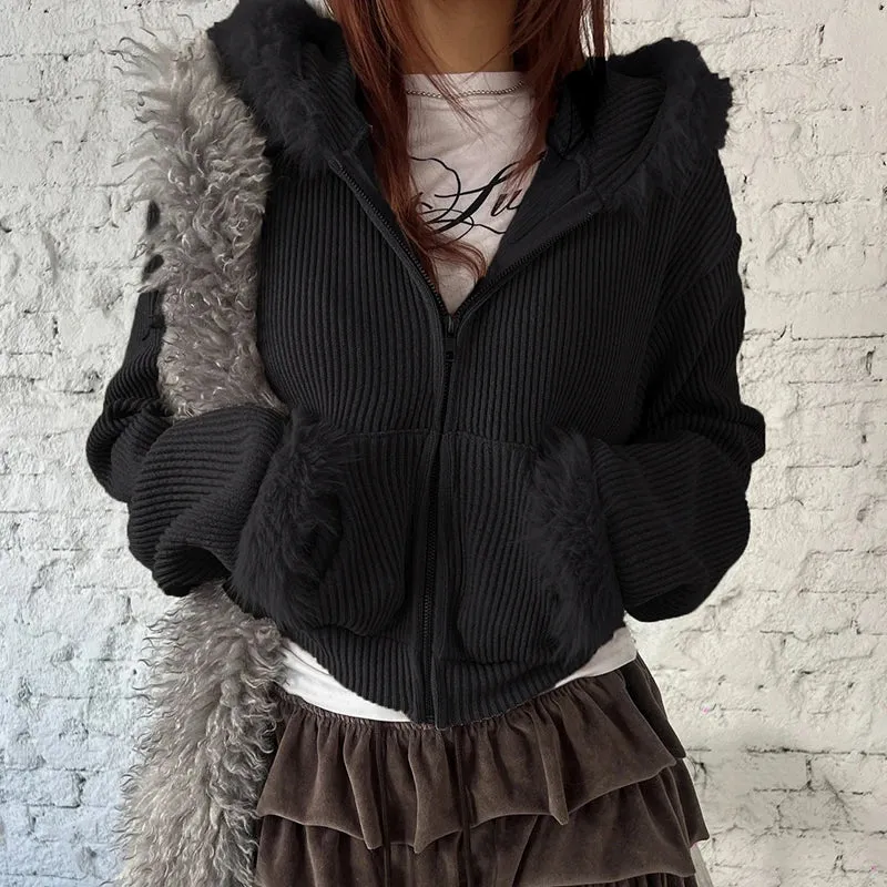 Grunge Goth Black Faux Fur Trim Jacket