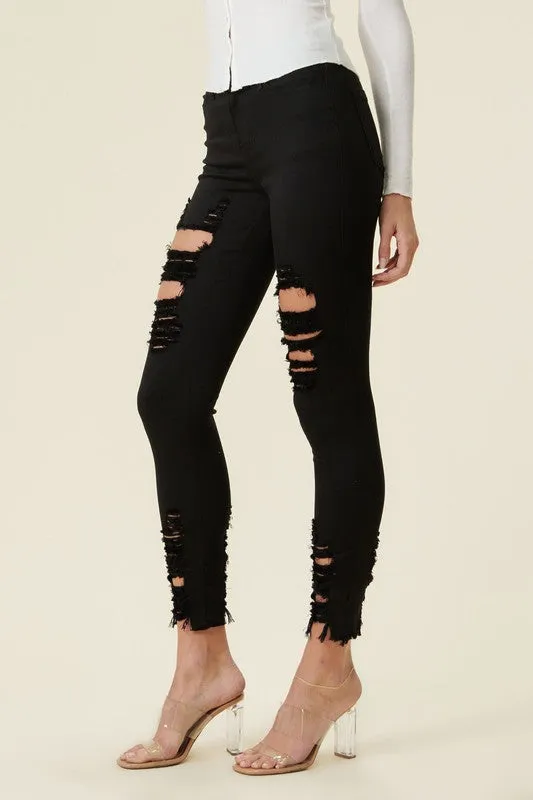 High Rise Distressed Skinny Pants With Raw Hem