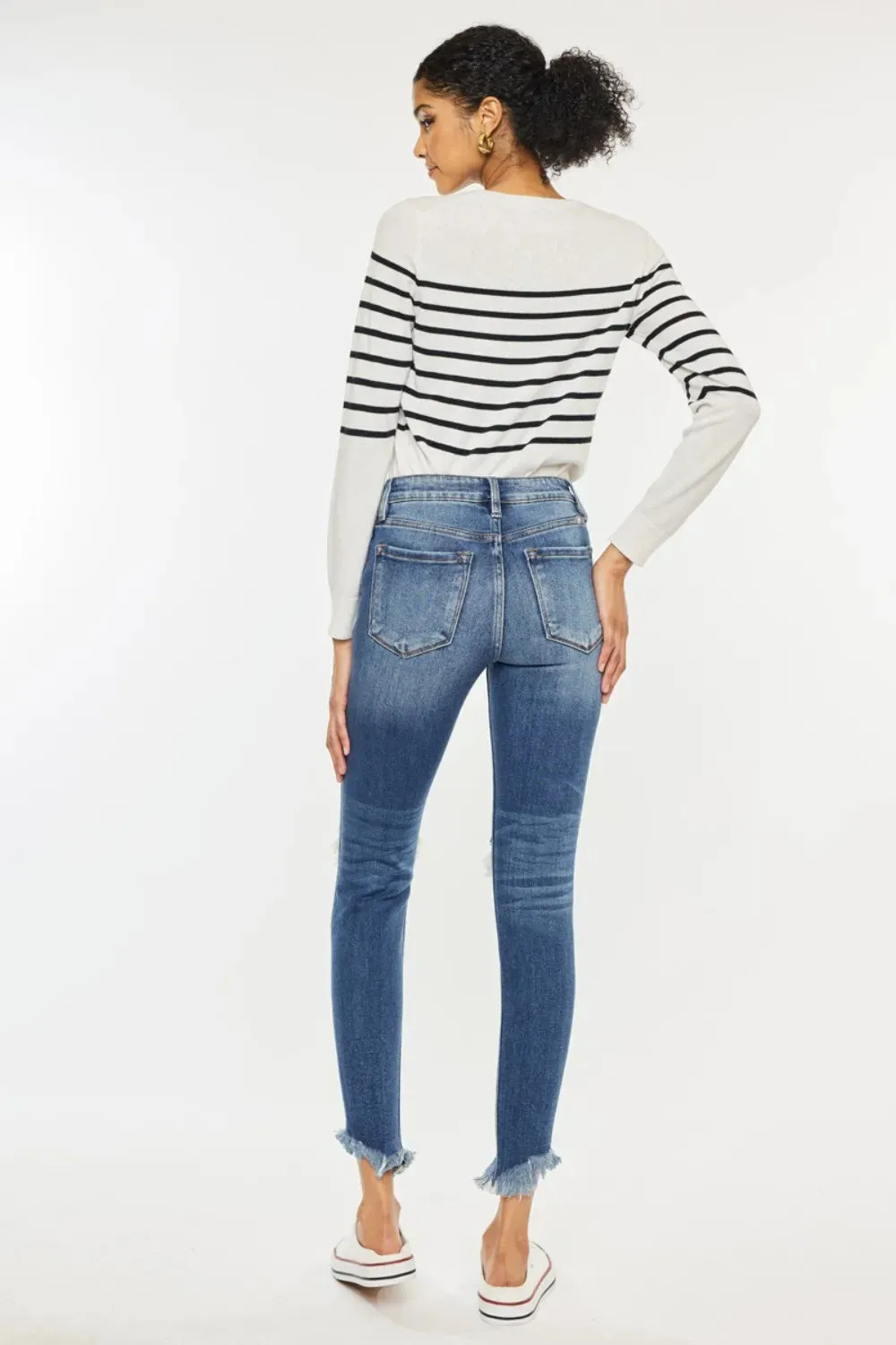 High Waist Distressed Raw Hem Ankle Skinny Jeans