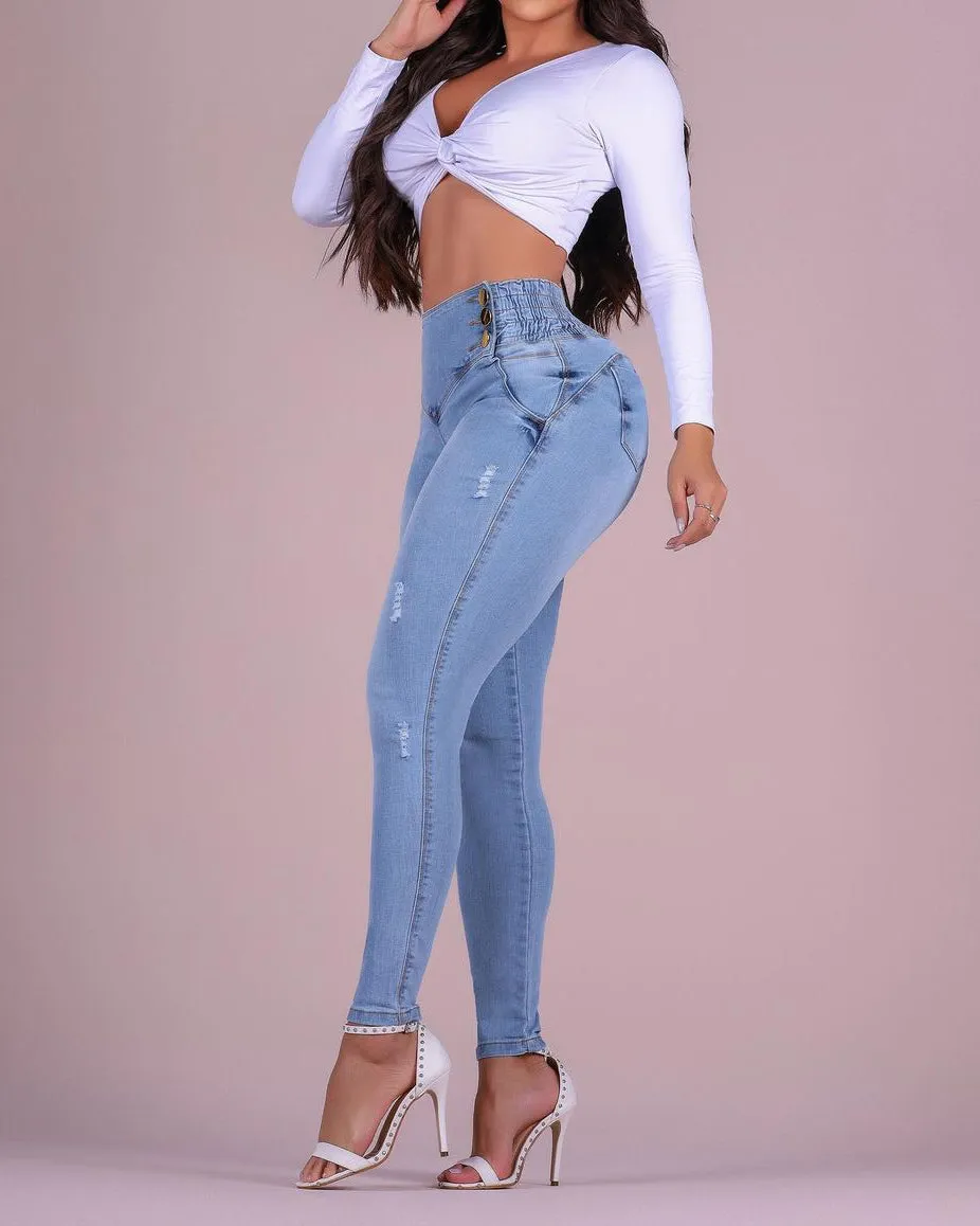 High Waist Double Buttons Tummy Control Stretchy Jeans