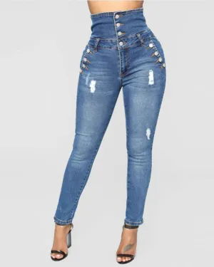 High Waist Four-Breasted Stretch Slim-Fit Denim Pants